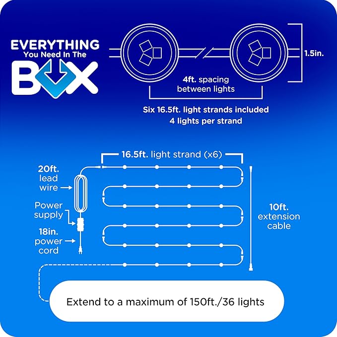 Enbrighten Vibe Eternity Accent Permanent Outdoor Lights for House, 100ft, 24 RGBWIC LEDs, Wide Spacing, 94lm, Tunable White, Everyday Eave Lighting, Smart App, Works with Alexa, Google Home, 85714