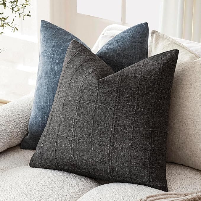Foindtower Set of 2 Decorative Linen Check Throw Pillow Covers Neutral Farmhouse Vintage Cushion Covers Modern Boho Home Decor for Sofa Chair Couch Bedroom Living Room,26×26 Inch,Charcoal