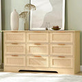 LTMEUTY 9 Drawer Dresser for Bedroom, Rattan Chest of Drawers, Modern Boho Wood Dresser Chest with Golden Handles, 55” Wide Large Storage Long Dressers Organizer for Closet, Entryway, Living Room