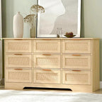 LTMEUTY 9 Drawer Dresser for Bedroom, Rattan Chest of Drawers, Modern Boho Wood Dresser Chest with Golden Handles, 55” Wide Large Storage Long Dressers Organizer for Closet, Entryway, Living Room