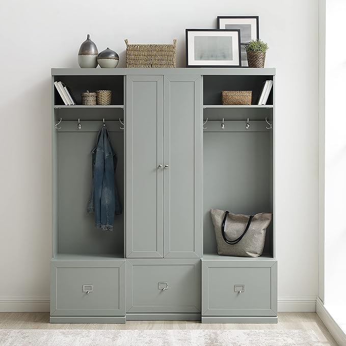 Crosley Furniture Harper 3-Piece Hall Tree and Storage Cabinet Set with Entryway Bench and Hooks for Hanging, Gray