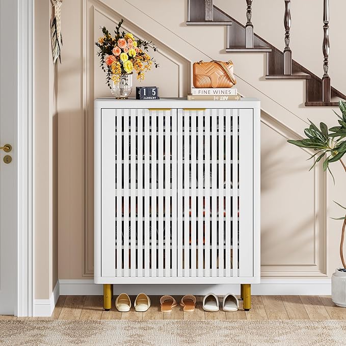 Tribesigns 6-Tier Shoe Cabinet with Shutter Doors, Large Wooden Shoe Organizer Rack with Adjustable Shelves, Modern Farmhouse Hidden Storage Furniture for Entryway, Hallway (White)