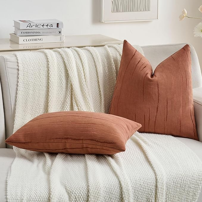 FUTEI Rust Chenille Decorative Throw Pillow Covers 18x18 Inch Set of 2,Soft Embossed Striped Textured Cushion Case,Modern Home Decor for Couch Bed Living Room