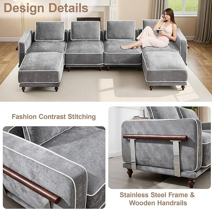 146" 4 Seater Cloud Couch with 2 Ottoman,Modular Sectional U Shaped Sofa with Armrests Wooden Legs,Oversized Deep Seat Comfy Thicked Cushion Upholstered Sofa for Living Room Bedroom,Light Grey