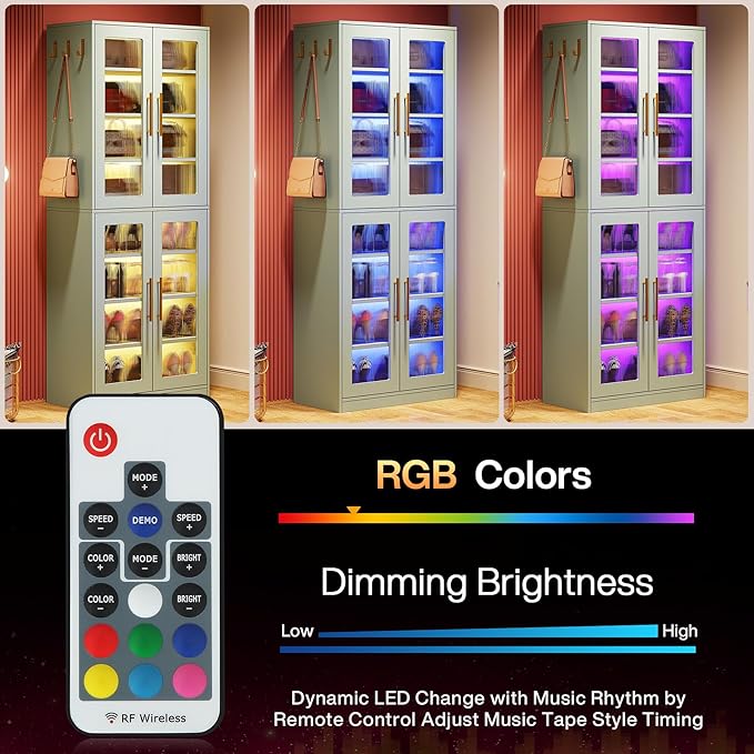 Tribesigns Tall Shoe Storage Cabinet with Acrylic Doors and LED Lights, 8-Tier Entryway Shoe Organizer Rack with Adjustable Shelves and Hanging Hooks for Narrow Closet, Hallway, Mint Green