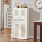 LEYAOYAO 48" Tall Storage Cabinet,Rattan Bathroom Floor Cabinets with 2 Doors & 1Drawer,Boho Kitchen Pantry with Adjustable Shelves,Wooden Cupboard for Living Room,Home Office,Dining,White Cream Oak