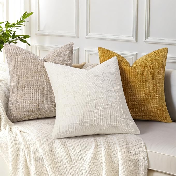 decorUhome Christmas Cream White Chenille Throw Pillow Covers 20x20 Set of 2 Thick Textured Slubby Couch Pillow Covers Farmhouse Accent Modern Neutral Decorative Pillow Cases for Bed Sofa Living Room