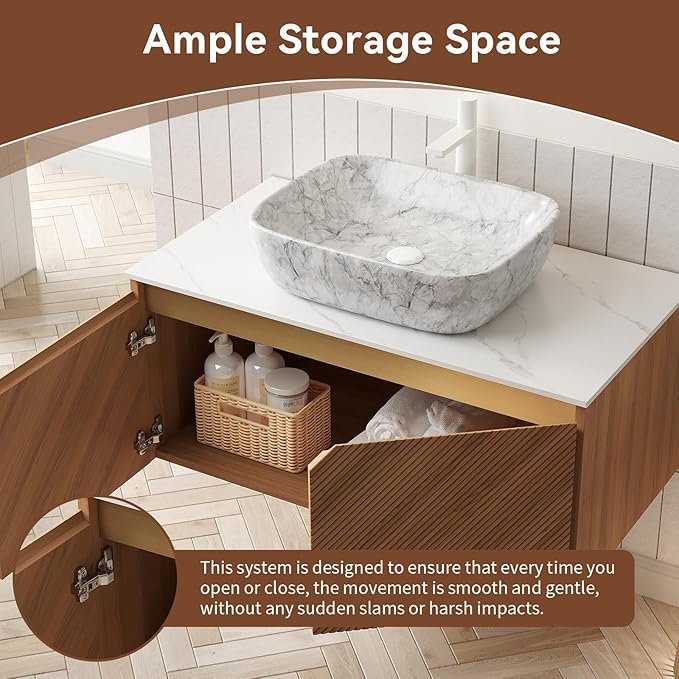 Floating Bathroom Vanity with Sink, 36 Inch Fluted Vanity with Vessel Sink, Modern Bathroom Vanity Cabinet with 2 Doors, Oval Marble Vessel Ceramic Sink & Sintered Stone Top, Oak
