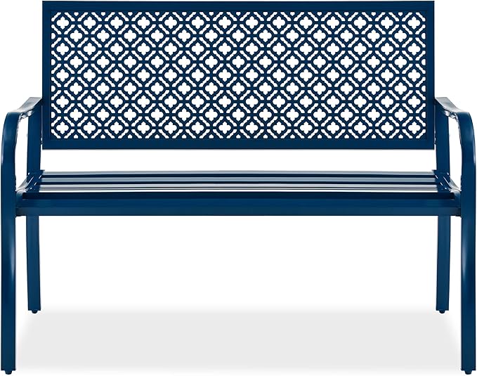Best Choice Products Outdoor Bench 2-Person Metal Steel Benches Furniture for Garden, Patio, Porch, Entryway w/Geometric Backrest, 790lb Capacity - Peacock Blue
