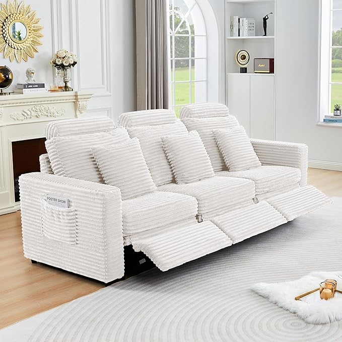 ORRD Power Reclining Sectional Sofa, Electric 3 Seat Recliner with 3 Electric Footrest and Adjustable Headrest, Modern Plush Corduroy Fluffy Reclining Sectional with Deep Seat for Living Room-White