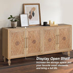 Sideboard Buffet 63" Credenzas for Living Room, Entryway Table with Storage Cabinet Natural Wood Color, Carved Flowers Doors & Cable Holes