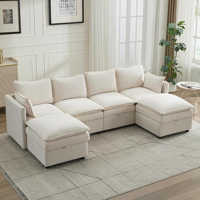 105" Cloud Modular 4 Seater Sofa with 2 Storage Ottoman, Modern Upholstered Sofa Storage Sofa Couch Deep Seat, U Shape Sectional Sofa Chenille Comfy Couch with Armrests for Living Room, Beige