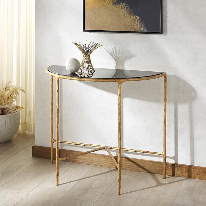 SAFAVIEH Couture Collection Jessa Brass Base & Black Marble Top Half Moon Console Table, Fully Assembled