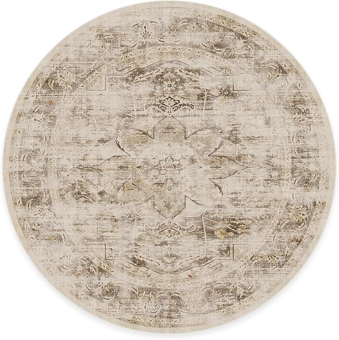 RUGGABLE Washable Vintage Area Rug – Sarrah Hazel 8 ft Round, Stain-Resistant, Non-Slip – Large Machine Washable Rugs for Living Room, Bedroom, Hallway, Entryway & Office–with Standard Pad