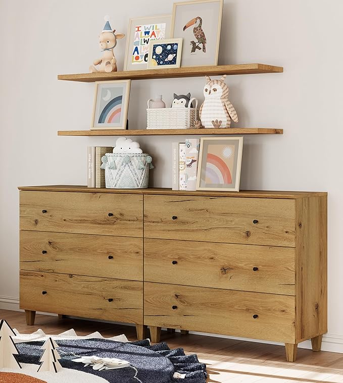 WAMPAT 6-Drawer Kids Dresser for Bedroom, 2-in-1 Modern Large Chest of Drawers with Black Knobs, 71 Inch Wide Oak Brown Wood Children Dresser for Baby Room, Nursery