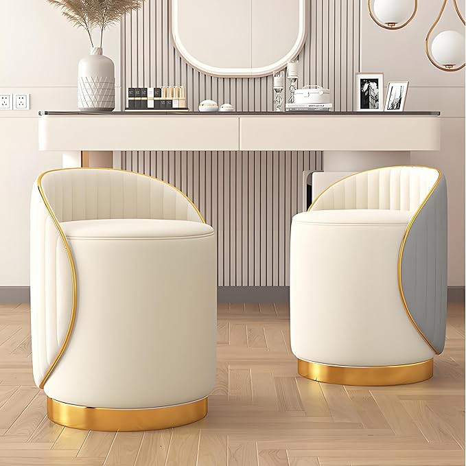 Swivel Round Vanity Stool - with Back Modern Comfy Vanity Chair/upholstered Ottoman Living Room Bedroom Makeup Chair,Off-White