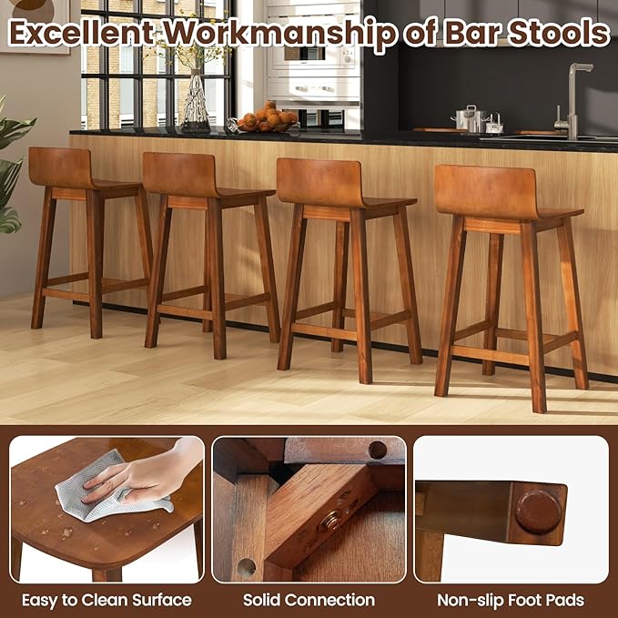 COSTWAY Solid Wood Bar Stools Set of 2, 24.5-inch Counter Height Chairs with Low Back and Footrest, Farmhouse Wooden Armless barstools for Kitchen Island, Dining Room, Cafe, Breakfast, Brown