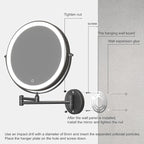Hasipu 8.5-Inch Wall Mounted Makeup Mirror with Magnification, Rechargeable 2000 mAh Vanity Mirror with Lights, Bathroom Mirror with Dimmable Brightness, 3 Lighting Modes, Extendable Arm, Black