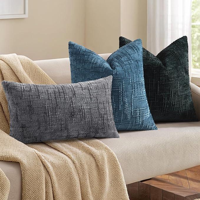 decorUhome Navy Blue Chenille Throw Pillow Covers 16x16 Set of 2 Thick Textured Slubby Couch Pillow Covers Farmhouse Accent Modern Neutral Decorative Pillow Cases for Bed Sofa Living Room