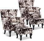 Accent Reading Arm Chairs with Ottoman Set of 2 for Living Room Bedroom, Midcentury Modern Corner Sofa Chair, Wingback Waiting Room Club Chair with Tufted Back &Lumbar Pillow, Fabric Cow