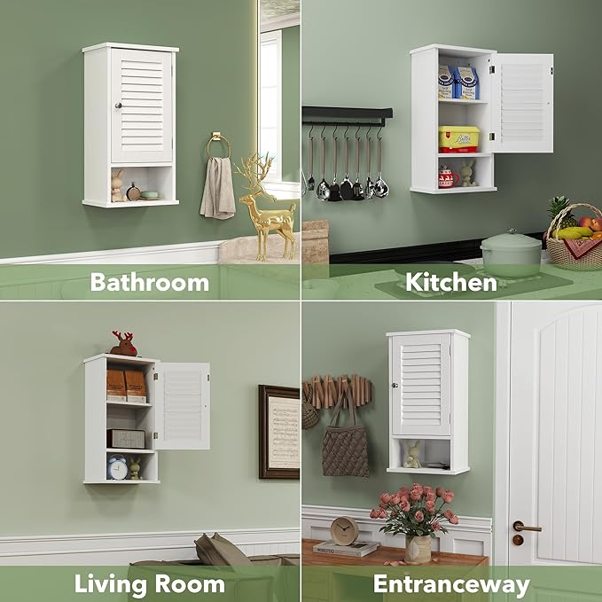 Small Bathroom Wall Cabinet, Slim Single Louvered Door Narrow Over The Toilet Storage, Adjustable Shelves, Space Saver Organizer, 13.4x8.9x25.3 inches