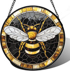 Stained Glass Window Hanging - Black Gold Bee White Wings Sun Catcher for Door Home Decor Insect Suncatcher Christmas Mother's Day Birthday Gifts for Women Men Lovers Mom Nana 7.8 in