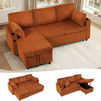 84" Corduroy Pull Out Sofa Bed w/Adjustable Backrests, Sectional L-Shape Sleeper Sofa w/Storage Chaise, Convertible Couch Bed w/USB Charging Port & Cup Holders for Living Room, House, Orange