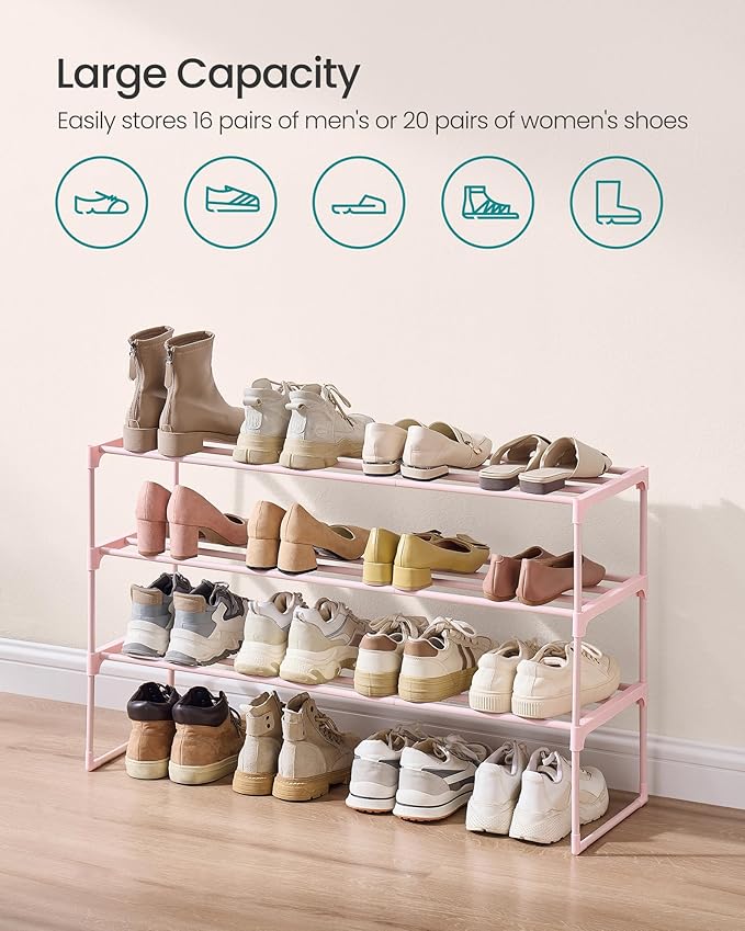 SONGMICS Shoe Rack, 3-Tier Shoe Organizer, Metal Storage Shelf, Upright or Upside Down, for 16-20 Pairs, Stackable, for Entryway, 11.8 x 36.2 x 21.7 Inches, Jelly Pink ULSA303S01