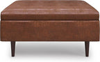 SIMPLIHOME Shay 38 inch Wide Mid Century Modern Large Square Coffee Table Storage Ottoman in Distressed Saddle Brown Vegan Faux Leather, Assembled, For the Living Room, Entryway and Family Room