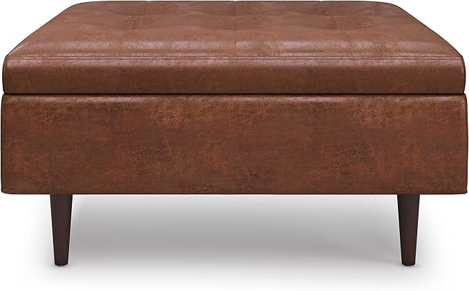 SIMPLIHOME Shay 38 inch Wide Mid Century Modern Large Square Coffee Table Storage Ottoman in Distressed Saddle Brown Vegan Faux Leather, Assembled, For the Living Room, Entryway and Family Room