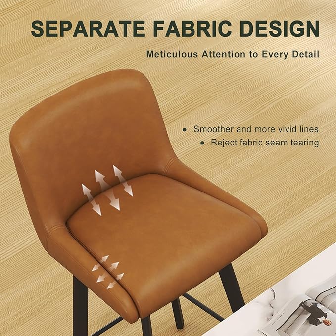 Swivel Counter Height Bar Stools Set of 6, 26''H Upholstered Barstools with Backs, Modern Bar Stool Chairs for Kitchen Island, Metal Legs, Faux Leather, Whiskey Brown Stools Counter Chair