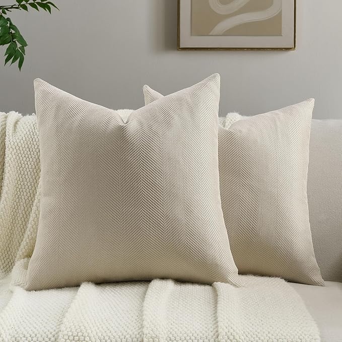 FUTEI Beige Chenille Throw Pillow Covers 26x26 Inch Set of 2,Soft Wide Chevron Textured Euro Pillow Shams,Farmhouse Home Decor for Couch Bed Living Room