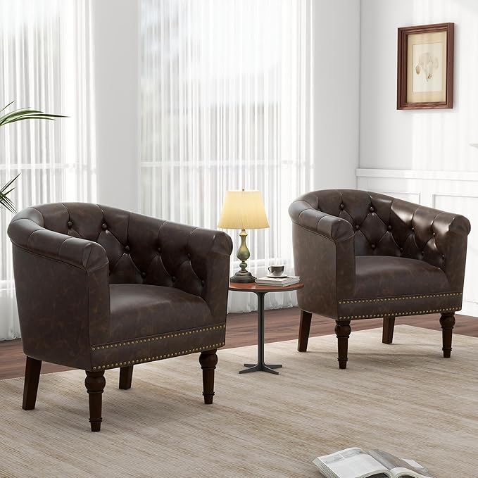 Pia Ricco Faux Leather Barrel Accent Chair, Comfy Club Armchair with Solid Wood Legs, Upholstered Single Sofa Chair for Living Room Bedroom/Reading Room, Chocolate
