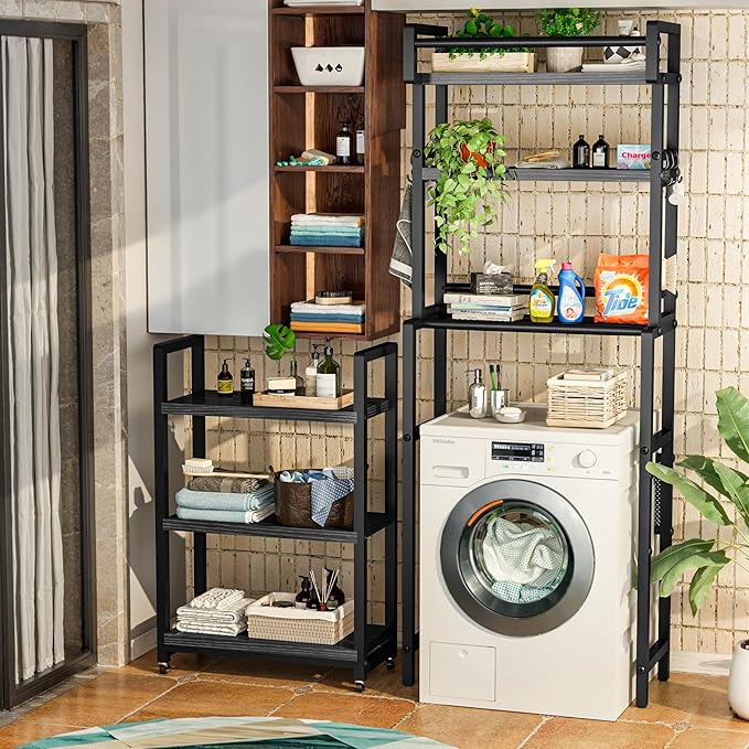 Recaceik 6-Tier Over The Toilet Storage Shelf with Cart, Freestanding Above Toilet Shelf Rack, Farmhouse Bathroom Organizer Shelves, Space Saver (Black)