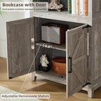 5 Tier Bookshelf 70in Tall Bookcase with Barn Doors and Storage Cabinet, Grey Farmhouse Book Shelf with Adjustable Shelves, Wood Freestanding Display Bookshelves for Bedroom, Kitchen (3 PCS)