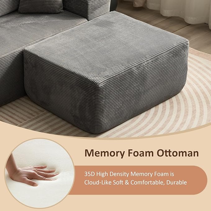 37.1" Ottoman for Couch, Plush Corduroy Memory Foam Ottoman Cloud Boneless Sectional Couch for Living Room Foot Stools No Assembly Require, Stripe Corduroy,Gray