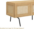 NTC Mossic TV Media Cabinet with 3 Doors for TVs, Entertainment Center with Natural Rattan, Metal Legs, Modern Storage Console for Living Room and Bedroom, Effortless Assembly, Sand