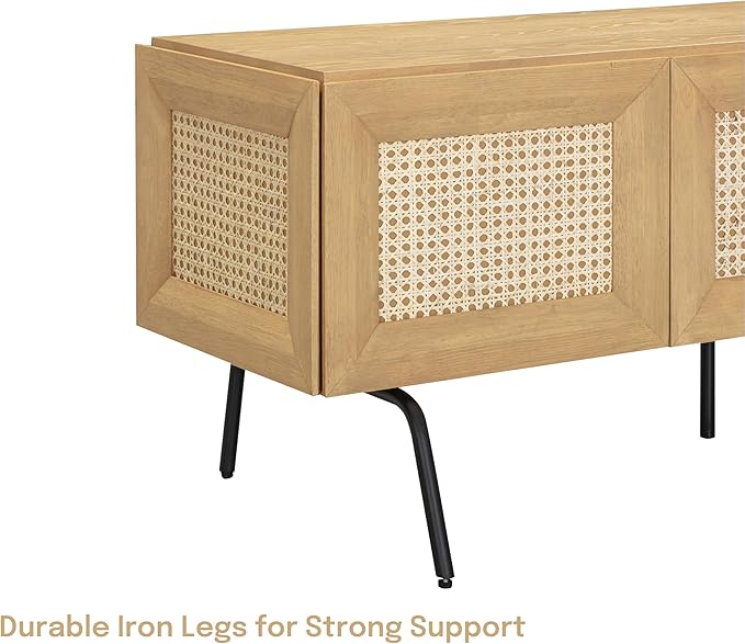 NTC Mossic TV Media Cabinet with 3 Doors for TVs, Entertainment Center with Natural Rattan, Metal Legs, Modern Storage Console for Living Room and Bedroom, Effortless Assembly, Sand