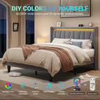 Allewie Queen Size LED Bed Frame with Charging Station, Velvet Upholstered Platform Bed with Geometric Wingback Headboard, Modern Frame with No Box Spring Needed, Easy Assembly, Grey