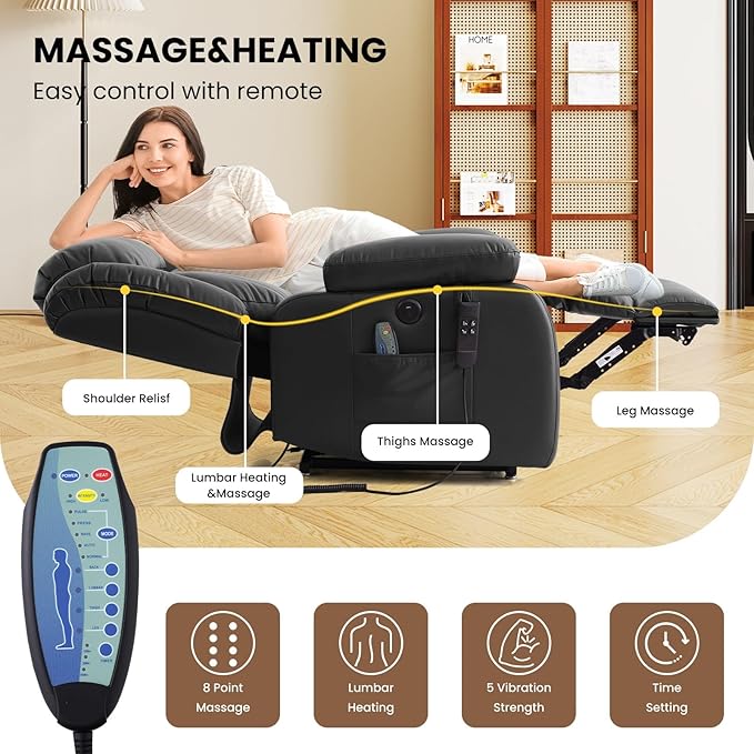 TEKAMON Power Lift Recliner Chair for Elderly with Heat & Massage, Dual Motor Breathable Leather Recliner, Lay Flat Sleeping Chairs with Infinite Position, Remote Control & USB Type-c Ports(Black)