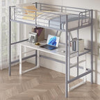 VECELO Metal Loft Bed Twin Size, Heavy Duty Bedframe with Removable Ladder and Safety Guardrail, Space-Saving, Noise Free, No Box Spring Needed, Grey