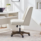 Armless Upholstered Office Chair with Wooden Legs, Modern Criss Cross Adjustable Home Office Desk Chair No Arms Sewing Chair Swivel Chair for Women Farmhouse Study Studio (Beige)