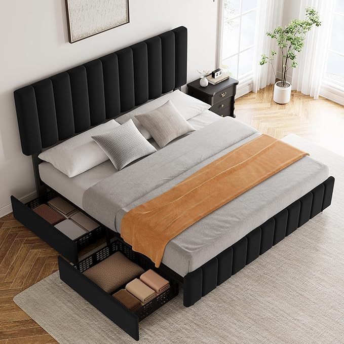 Garvee King Size Bed Frame with 4 Storage Drawers, Adjustable Height Headboard, Linen Upholstered Platform Bed Frame, No Box Spring Needed, Easy Assembly, Black