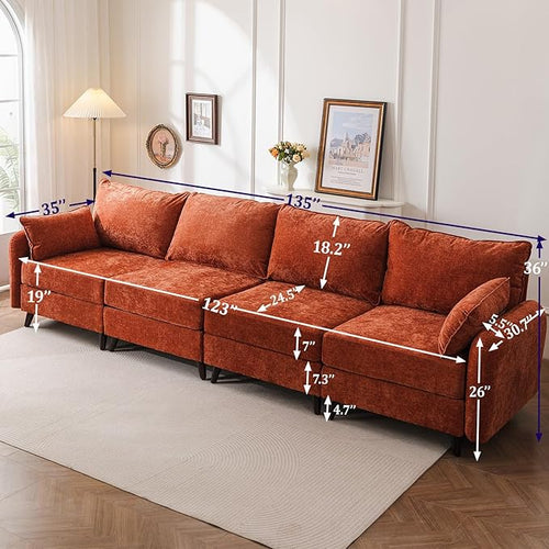 135'' Modular Sectional Sofa with All Seats Storage,Oversized 4-Seater Comfy Cloud Couches with Deep Seat,Big Couch for Living Room,Bedroom,Velet,Orange