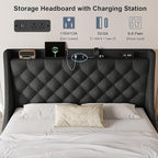 Queen Size Upholstered Platform Bed Frame with 4 Storage Drawers and Charging Station, Linen Button Tufted Wingback Headboard, Sturdy Wooden Support Slats, No Box Spring Needed, Dark Grey