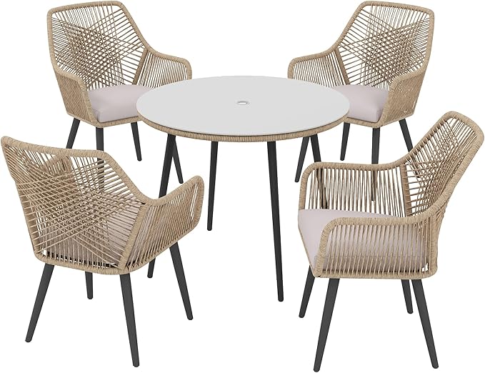 JOIVI 5 Pieces Outdoor Patio Dining Sets, Rattan Dining Chairs Set of 4 with Cushions, Outdoor Round Table with Tempered Glass Tabletop & 2.16”Umbrella Hole, Tan