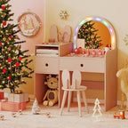 Costzon Kids Vanity, Girls Vanity Set with Mirror and Stool and Lights, Drawers & Storage Compartments, Toddler Makeup Vanity Desk Dressing Table, Wooden Kids Vanity Table and Chair Set (Pink)