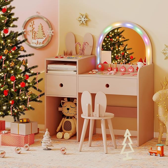 Costzon Kids Vanity, Girls Vanity Set with Mirror and Stool and Lights, Drawers & Storage Compartments, Toddler Makeup Vanity Desk Dressing Table, Wooden Kids Vanity Table and Chair Set (Pink)