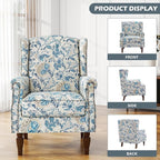 UIXE High Back Floral Accent Chair, Fabric Upholstered Armchair Wingback Arm Chair for Living Room, Nailhead Trim Single Sofa Bedroom Side Reading Seat with Retro Solid Wood Legs - Boho Blue