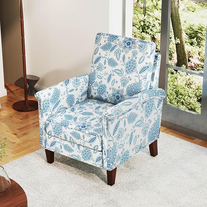 GOFLAME Floral Accent Chair, Comfy Upholstered Armchair with Rubber Wood Legs and Thick Padded Cushion, High Back Single Sofa Chair, Reading Side Chair for Living Room, Bedroom, Blue